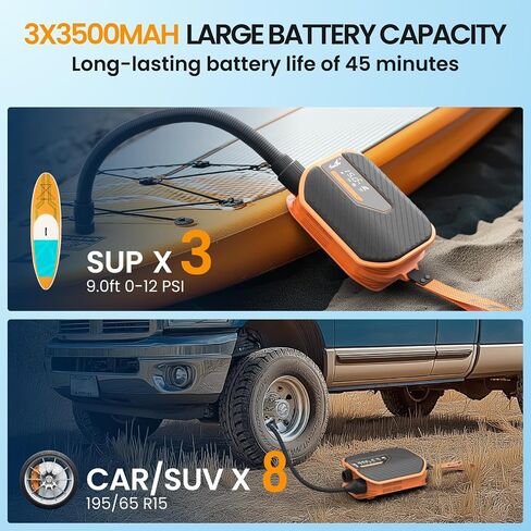 TowerTop Electric Paddle Board Pump: 10500mAh Rechargeable Car/SUP Pump, 50PSI Paddleboard Pump, 12V DC Dual Stage (Inflation & Deflation) with 8 Nozzles for Paddle Boards, Inflatables, Kayaks, Car in Kuwait