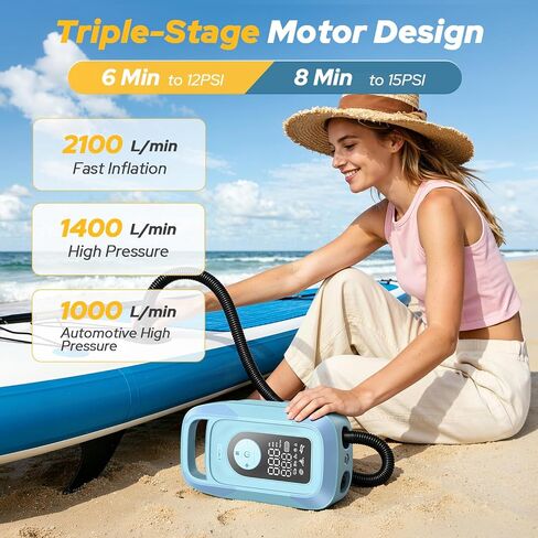 150PSI Electric Paddle Board Pump, 16000mAh Cordless Rechargeable SUP Pump with LED Light, Intelligent Triple Stage Inflation & Deflation, Auto-Off for Stand Up Paddle Boards, Surfing Kite, Tent, Boat in Kuwait