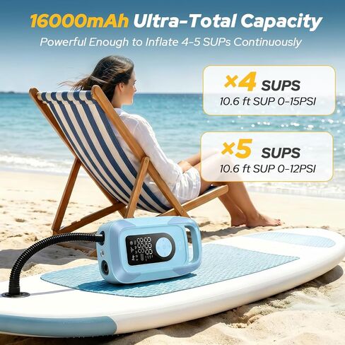150PSI Electric Paddle Board Pump, 16000mAh Cordless Rechargeable SUP Pump with LED Light, Intelligent Triple Stage Inflation & Deflation, Auto-Off for Stand Up Paddle Boards, Surfing Kite, Tent, Boat in Kuwait