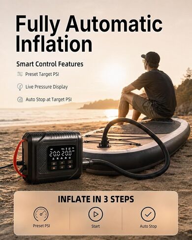 Electric Paddle Board Pump, 20 PSI SUP Pump with Auto-Off | 12V vehicle-powered SUP pump with dual-stage inflation, preset pressure and auto shut-off up to 20 PSI. in Kuwait