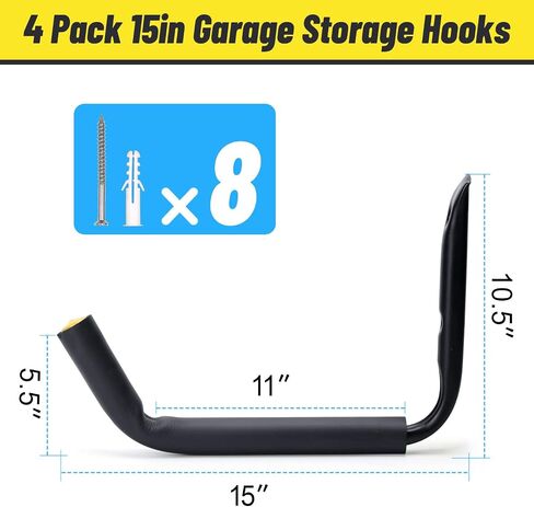 GEEDAR Heavy Duty Garage Storage Hooks -120 LB Capacity, 4packs, 15" Wall Mounted Rack for Hanging Kayak, Paddle Board, Ladders, Bikes Enforced Kayak Storage Hanger in Kuwait
