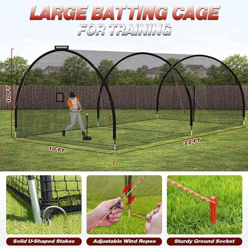 Batting Cages for Backyard - 22x10x10 ft Softball & Baseball Batting Cage Net with Zipper Door 4-Ply Anti-Tear Netting Batting Training Cage with Sturdy Steel Frame for Outdoor Indoor Use in Kuwait