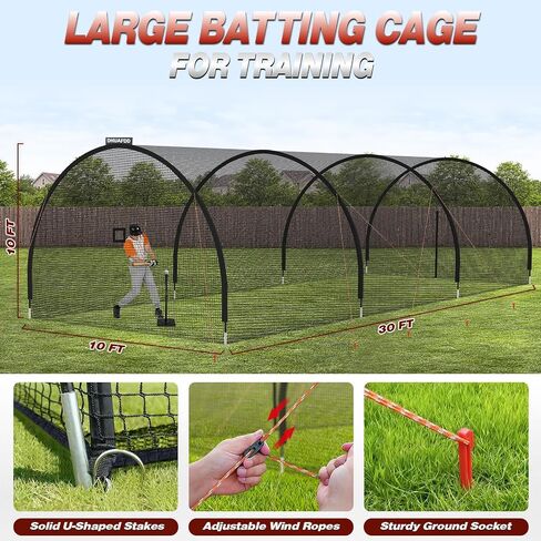 Batting Cages for Backyard - 30x10x10 ft Softball & Baseball Batting Cage Net with Zipper Door 4-Ply Anti-Tear Netting Batting Training Cage with Sturdy Steel Frame for Outdoor Indoor Use in Kuwait