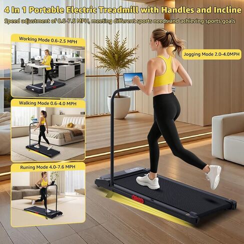 Walking Pad with Handle Bar, 2026 Upgrade Compact Portable Small Treadmill with Handles for Home Office Small, 3.0HP Electric Under Desk Mini Walking Pad Treadmill with Incline, 0.6-7.6MPH, 350LBS in Kuwait