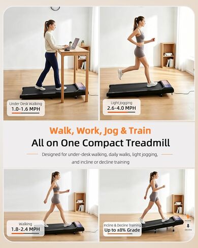 Walking Pad Treadmill with 8% Incline, 2.5HP Quiet Portable Walking Pad, Under Desk Treadmill for Home Office, 265 lbs Capacity, Compact Treadmill for Small Spaces with 15" x 35.4" Belt in Kuwait