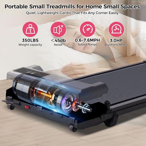 Portable Walking Pad Treadmills for Home Small, Electric Walking Treadmill for Exercising, 3.0HP Compact Walking Pad Treadmill with Handle Bar, 0.6-7.6MPH, 350LB Capacity in Kuwait