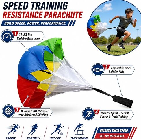 Kids Speed Training Resistance Parachute, Running Drag Chute for Youth Athletes, Boys Girls Track and Field Sprint Football Soccer Train Workout Equipment | Variable resistance at different speeds in Kuwait