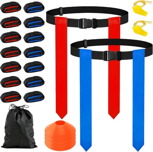 CHERAINTI Flag Football Belts Set, 14 Players Adjustable Extended Youth Flag Football Set for Kids, Teens & Adults, Ideal for Team Training and Outdoor Games, Includes Cones, Whistles & Carry Bag in Kuwait