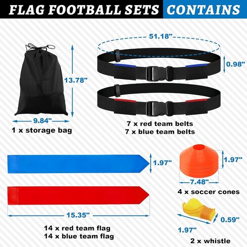 CHERAINTI Flag Football Belts Set, 14 Players Adjustable Extended Youth Flag Football Set for Kids, Teens & Adults, Ideal for Team Training and Outdoor Games, Includes Cones, Whistles & Carry Bag in Kuwait