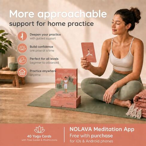 NOLAVA Yoga Cards Gift Set for Women, 40 Large 4"x6" Yoga Cards & Deck: 30 Pose Cards English + Sanskrit,10 Intention Cards, Sun & Moon Salutation Flows + Guided Meditation, Sweat-Proof, Gift Box in Kuwait
