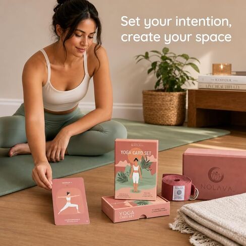NOLAVA Yoga Cards Gift Set for Women, 40 Large 4"x6" Yoga Cards & Deck: 30 Pose Cards English + Sanskrit,10 Intention Cards, Sun & Moon Salutation Flows + Guided Meditation, Sweat-Proof, Gift Box in Kuwait