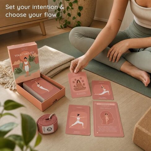NOLAVA Yoga Cards Gift Set for Women, 40 Large 4"x6" Yoga Cards & Deck: 30 Pose Cards English + Sanskrit,10 Intention Cards, Sun & Moon Salutation Flows + Guided Meditation, Sweat-Proof, Gift Box in Kuwait