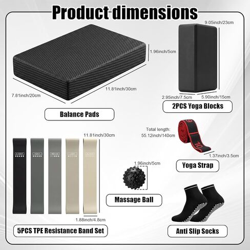 Thenshop 11 Pcs Exercise Balance Pad and Yoga Kits for Home Workouts with Resistance Bands, Yoga Blocks, Stretch Strap, Massage Ball, Pilates Socks Fitness and Stability Training Physical Therapy in Kuwait