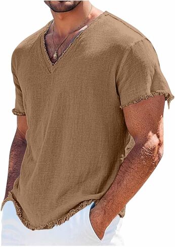 Men's Shirts V Neck Short Sleeve Linen Tops Breathable Lightweight Summer Casual Fashion for Beach Vacation in Kuwait