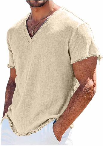 Men's Shirts V Neck Short Sleeve Linen Tops Breathable Lightweight Summer Casual Fashion for Beach Vacation in Kuwait