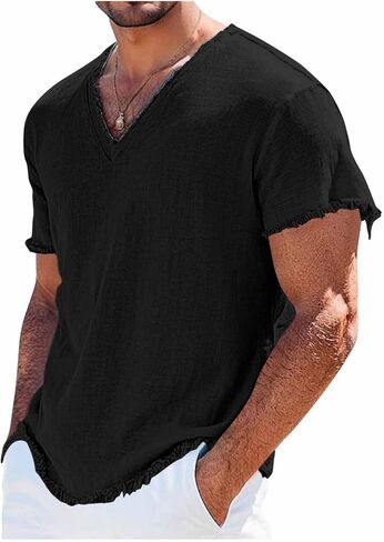 Men's Shirts V Neck Short Sleeve Linen Tops Breathable Lightweight Summer Casual Fashion for Beach Vacation in Kuwait
