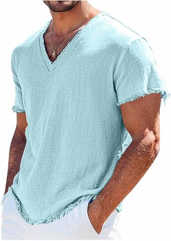 Men's Shirts V Neck Short Sleeve Linen Tops Breathable Lightweight Summer Casual Fashion for Beach Vacation in Kuwait