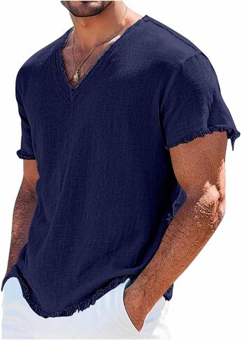 Men's Shirts V Neck Short Sleeve Linen Tops Breathable Lightweight Summer Casual Fashion for Beach Vacation in Kuwait