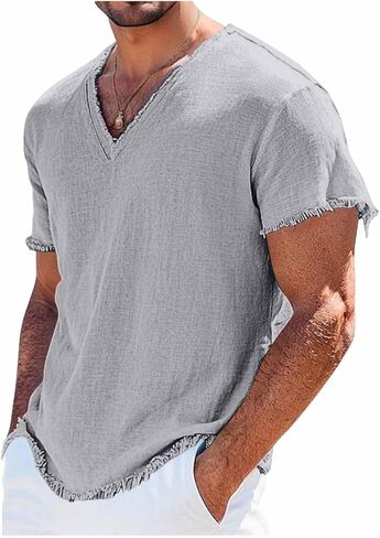Men's Shirts V Neck Short Sleeve Linen Tops Breathable Lightweight Summer Casual Fashion for Beach Vacation in Kuwait