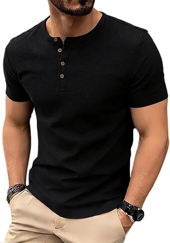 Shirts for Men Crew Neck Short Sleeve Button Placket Tops Soft Lightweight Summer Casual Fashion for Daily Outdoor in Kuwait