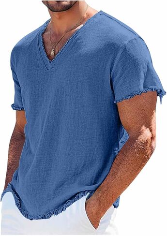 Men's Shirts V Neck Short Sleeve Linen Tops Breathable Lightweight Summer Casual Fashion for Beach Vacation in Kuwait
