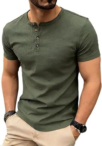 Shirts for Men Crew Neck Short Sleeve Button Placket Tops Soft Lightweight Summer Casual Fashion for Daily Outdoor in Kuwait