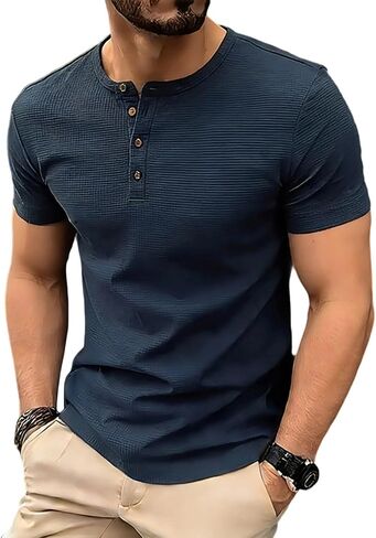 Shirts for Men Crew Neck Short Sleeve Button Placket Tops Soft Lightweight Summer Casual Fashion for Daily Outdoor in Kuwait
