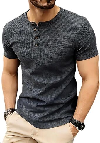 Shirts for Men Crew Neck Short Sleeve Button Placket Tops Soft Lightweight Summer Casual Fashion for Daily Outdoor in Kuwait