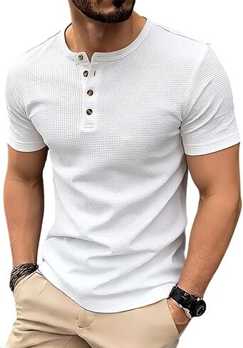 Shirts for Men Crew Neck Short Sleeve Button Placket Tops Soft Lightweight Summer Casual Fashion for Daily Outdoor in Kuwait