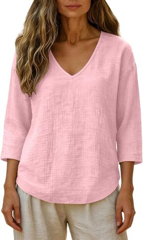 Womens Tops Summer Solid V Neck Textured Breathable Blouses Airy Curved Hem Daily Tops in Kuwait
