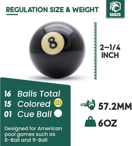 EAGLES Professional Billiard Ball Set – 2-1/4" Regulation Size Pool Table Balls – High-Density Poly-Resin for Precision Balance, Friction Resistance & True Roll – Complete 16 Ball Set in Kuwait