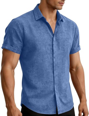 Tshirts Shirts for Men Button Down Short Sleeve Linen Tops Breathable Lightweight Summer Casual for Beach Vacation in Kuwait