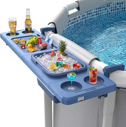 Poolside Bar with Ice Bucket, Poolside Bar Table with Adjustable Support Bracket Fits Above-ground Pools, Swim Up Bars Up to 110lbs, Patio Poolside Table Smart Fold ＆Weather Resistant Stable Tabletop in Kuwait