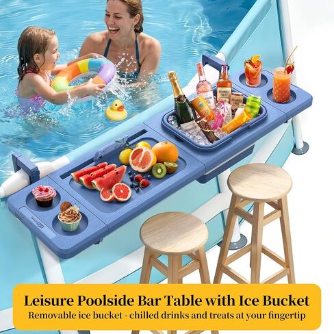 Poolside Bar with Ice Bucket, Poolside Bar Table with Adjustable Support Bracket Fits Above-ground Pools, Swim Up Bars Up to 110lbs, Patio Poolside Table Smart Fold ＆Weather Resistant Stable Tabletop in Kuwait