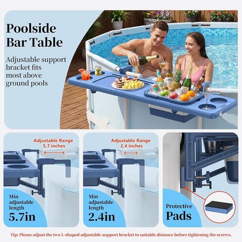 Poolside Bar with Ice Bucket, Poolside Bar Table with Adjustable Support Bracket Fits Above-ground Pools, Swim Up Bars Up to 110lbs, Patio Poolside Table Smart Fold ＆Weather Resistant Stable Tabletop in Kuwait