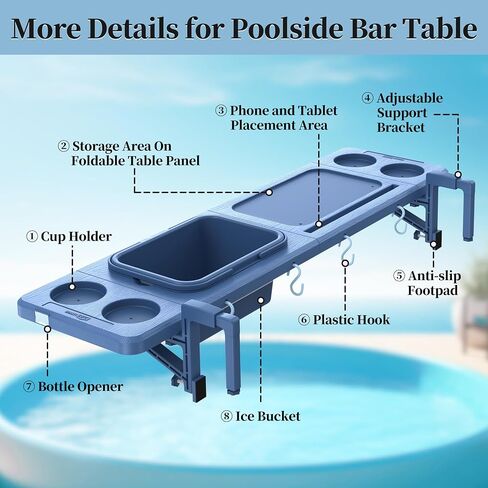 Poolside Bar with Ice Bucket, Poolside Bar Table with Adjustable Support Bracket Fits Above-ground Pools, Swim Up Bars Up to 110lbs, Patio Poolside Table Smart Fold ＆Weather Resistant Stable Tabletop in Kuwait
