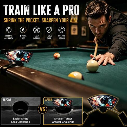 Pool Table Pocket Reducers 6 Pack, Billiards Training Aids for Accuracy Practice, Decorative Pool Pocket Reducers for Standard Pool Tables, Includes Storage Bag in Kuwait