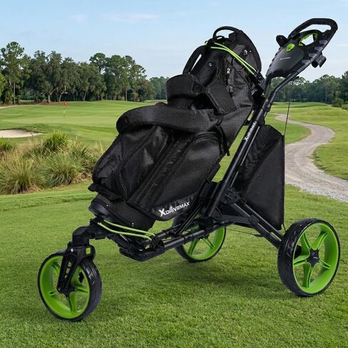 XDriveMax GC03 360 Rotating 3 Wheel Foldable Golf Pull Cart for Golf Clubs,Carries Umbrella Stand and Premium Storage - Green Pack in Kuwait