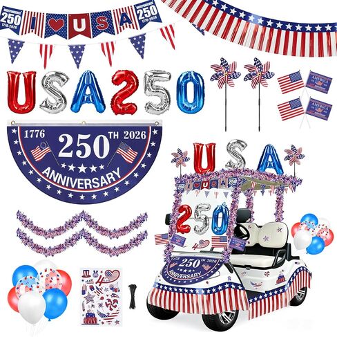 Tryly 4th of July Golf Cart Decorations Kit, 250th Patriotic Parade Golf Cart Decor – 250th Banner, Fan Flags, Foil Fringe Garland, Pinwheels and More with 1776-2026 for Independence Day Memorial Day in Kuwait