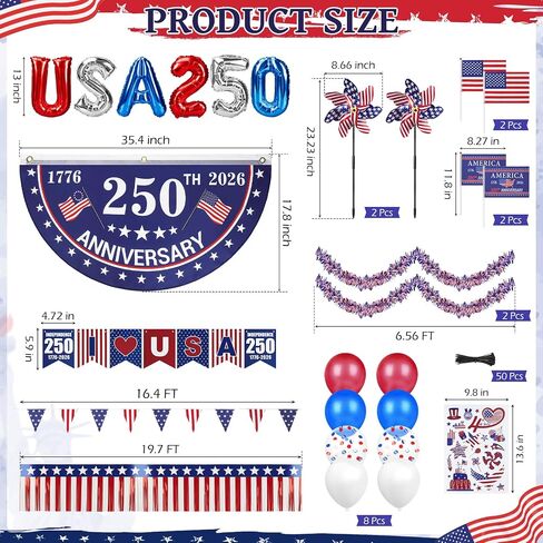 Tryly 4th of July Golf Cart Decorations Kit, 250th Patriotic Parade Golf Cart Decor – 250th Banner, Fan Flags, Foil Fringe Garland, Pinwheels and More with 1776-2026 for Independence Day Memorial Day in Kuwait