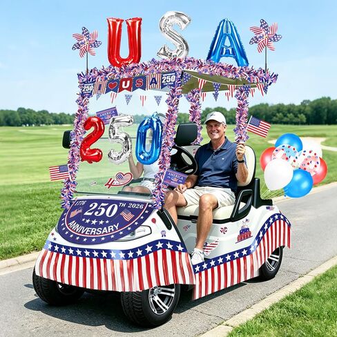 Tryly 4th of July Golf Cart Decorations Kit, 250th Patriotic Parade Golf Cart Decor – 250th Banner, Fan Flags, Foil Fringe Garland, Pinwheels and More with 1776-2026 for Independence Day Memorial Day in Kuwait