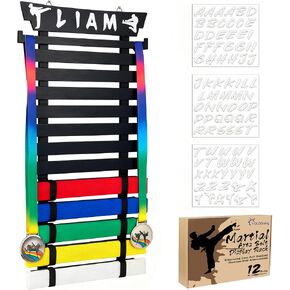 Karate Belt Display Rack with Stickers, Taekwondo Belt Display 【No Assembly Required】 Martial Arts Belt Display, Karate Belt Holder for Kids and Adult, Wood, Black in Kuwait