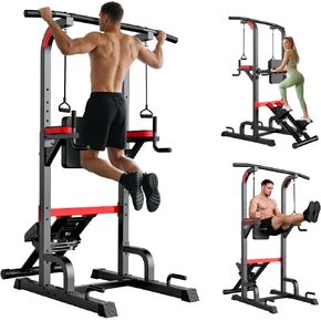 Power Tower Pull Up Bar Free Standing,Multi-Level Adjustable Height Dip Station, Multi-Grip Handles,Backrest,Home Gym Strength Training Equipment with Power Elastic Ropes 400LBS Capacity in Kuwait