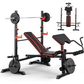 Foldable 1500LBS 8 IN 1 Olympic Weight Bench Set with Squat Rack, Leg Extension/Curl & Preacher Curl, Adjustable Bench Press Set with Safety Bar Catches for Home Gym Full Body Workout in Kuwait