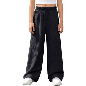 Linen Pants for Girls Summer Lightweight School Uniform Pants Kids Baggy Elastic Waist Wide Leg Trousers with Pockets in Kuwait