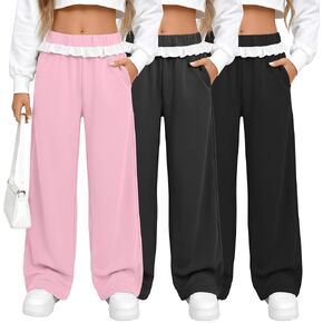 3 Pack Girls' Baggy Sweatpants Elastic Waist Ruffle Wide Leg Pants Pockets Athletic Trousers for Kids 5-14 Years in Kuwait