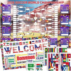 ملصق جدول كأس العالم لكرة القدم لعام 2026 مكون من 4 قطع، مقاس 63 × 44 بوصة، جهاز تتبع مباريات من البوليستر الفاخر مقاس 63 × 44 بوصة، مخطط مقاوم للماء ومقاوم للتجاعيد مع لافتة علم، 384 ملصق علم و96 وشمًا مائيًا in Kuwait