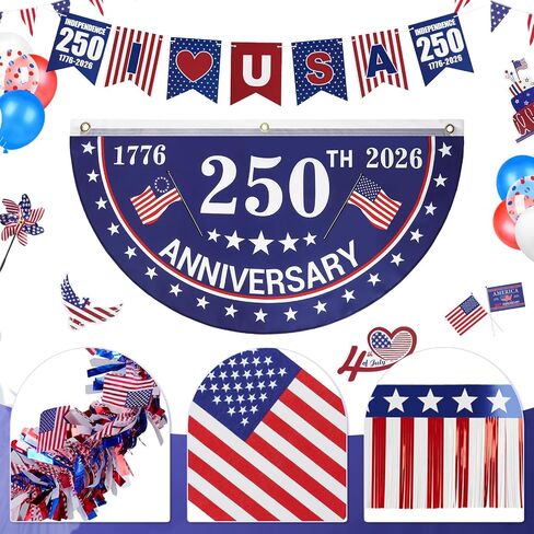 Tryly 4th of July Golf Cart Decorations Kit, 250th Patriotic Parade Golf Cart Decor – 250th Banner, Fan Flags, Foil Fringe Garland, Pinwheels and More with 1776-2026 for Independence Day Memorial Day in Kuwait