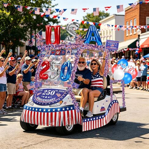 Tryly 4th of July Golf Cart Decorations Kit, 250th Patriotic Parade Golf Cart Decor – 250th Banner, Fan Flags, Foil Fringe Garland, Pinwheels and More with 1776-2026 for Independence Day Memorial Day in Kuwait