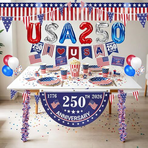Tryly 4th of July Golf Cart Decorations Kit, 250th Patriotic Parade Golf Cart Decor – 250th Banner, Fan Flags, Foil Fringe Garland, Pinwheels and More with 1776-2026 for Independence Day Memorial Day in Kuwait